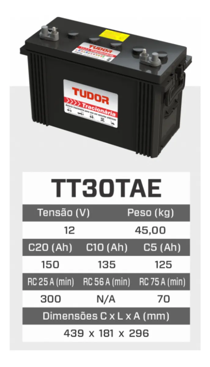 Bateria Tudor Tracionária TT30TAE - 12V - 150Ah - Imagem 2